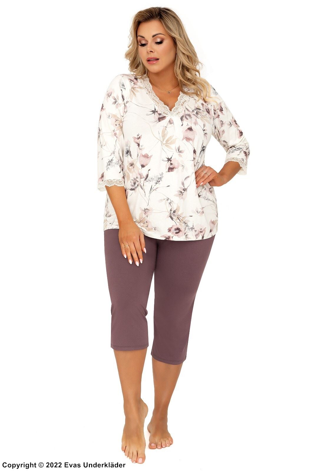 Top and pants pajamas, lace trim, 3/4 length sleeves, flowers, plus size